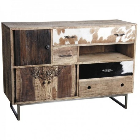 Solid Mango Wood Buffet Cabinet met 4 laden inclusief 2 koeienhuid