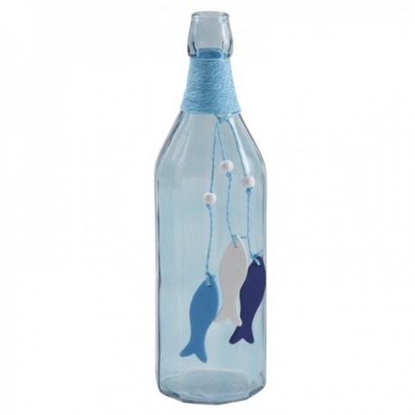 Bouteille en verre bleu avec poissons