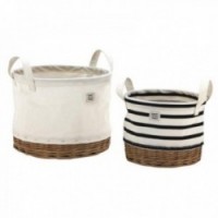 Round wicker and fabric storage baskets