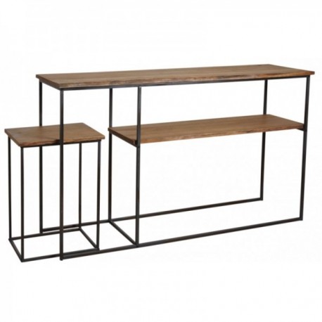Console in legno e metallo con sgabello integrato — Mobili in ingresso industriale e guadagno quadrato