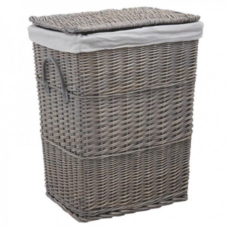 Gray wicker laundry basket