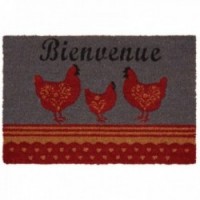 "Welcome" gray and red chicken doormat