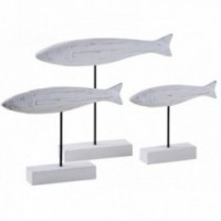 Beeldhouwwerk Witte houten vissen op zwarte metalen voet | Set van 3 decoratieve beeldjes aan zee