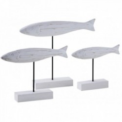 Beeldhouwwerk Witte houten vissen op zwarte metalen voet | Set van 3 decoratieve beeldjes aan zee