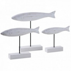 Escultura de peixe em madeira branca sobre suporte metálico
