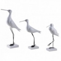 Set van 3 witte houten zeevogels op zwarte metalen voet | Decoratiestatuettes kust