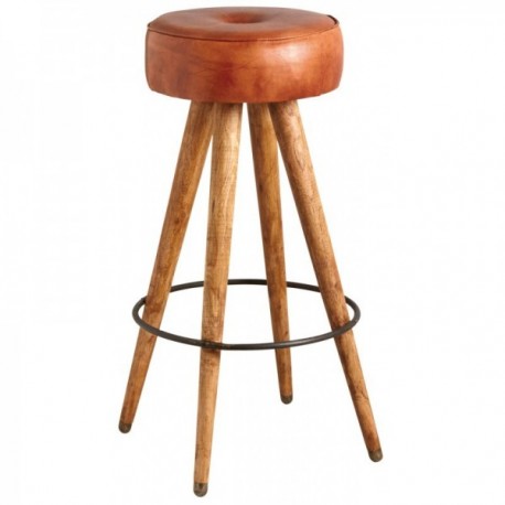 Leather bar stool with wooden legs