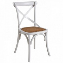 Chaise bistrot en bois blanc et rotin avec croisillon en bois