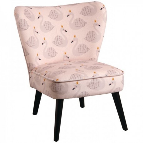 Pink cotton child armchair with signed printed pattern, black wooden feet