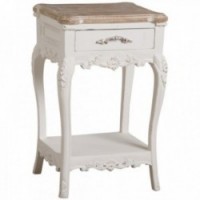 White wooden bedside table with one drawer