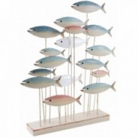 School of fish in lacquered metal on a wooden base