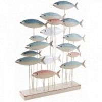 Visbank in gelakt metaal op houten basis | Decoratieve sculptuur kust eigentijdse stijl