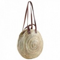 Round straw shopping bag with handles and shoulder straps