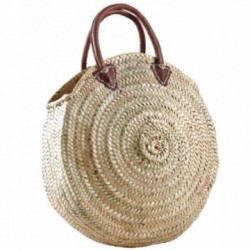 Borsa rotonda di palma con manici in pelle marrone