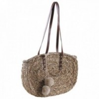 Reed handbag with shoulder straps and pompoms