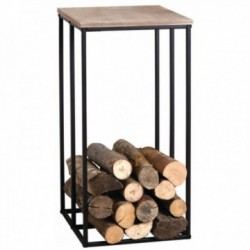 Table Sellette Carrée Porte-Bûches Bois & Métal : Meuble Appoint Rangement Bois Cheminée & Support Bûches Design