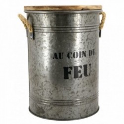 Balde de pellets redondo de metal com tampa, coletor de pó "Au coin du Feu"