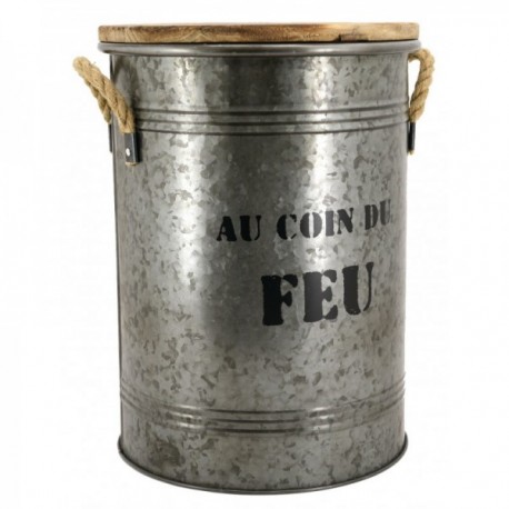 Round metal pellet bucket with lid, "Au coin du Feu" dust collector