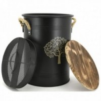 Round metal pellet bucket with lid, dust recovery "tree"