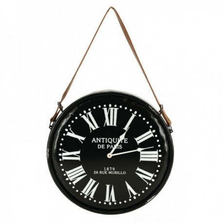 Lackerad svart metall väggklocka "Antikviteter de Paris" Ø46 cm | Vintage industriell pendel för att hänga