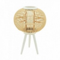 Round lantern on foot in rattan marrow and wood