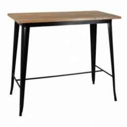 Tavolo alto industriale in metallo nero con piano in legno
