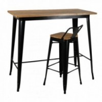 Table haute industrielle en métal noir avec plateau en bois
