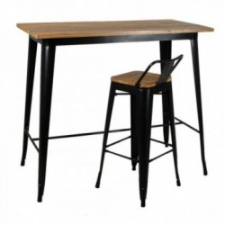 Industriellt högt bord i svart metall med träskiva