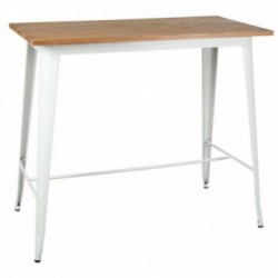 Table haute industrielle en métal blanche avec plateau en bois
