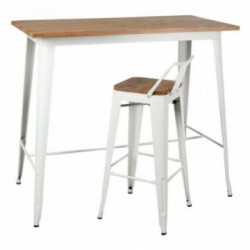 Tavolo alto industriale in metallo bianco con piano in legno