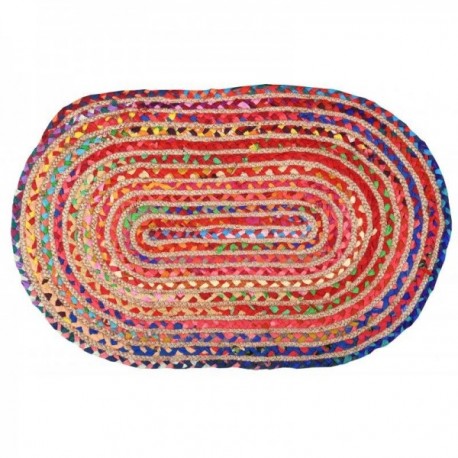 Tapete oval multicolorido em juta e algodão