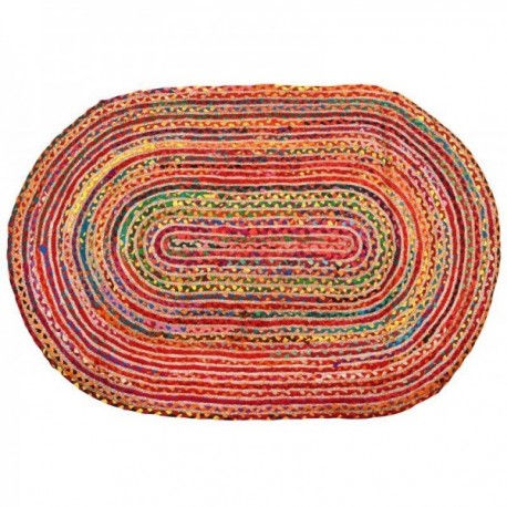 Flerfarvet ovalt tæppe i jute og bomuld 120 x 180 cm