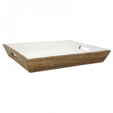 Wood and white enamel tray with handles