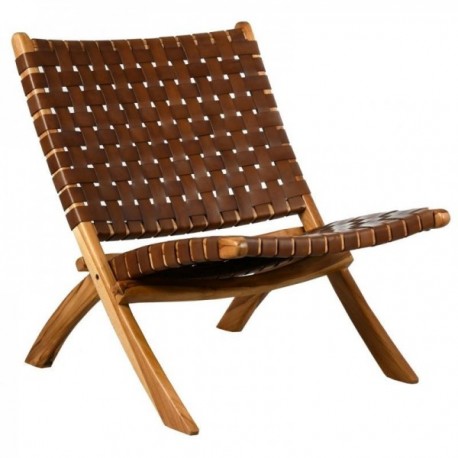 Folding armchair in teak wood and brown leather