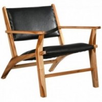 Armchair in teak wood with leather backrest and seat