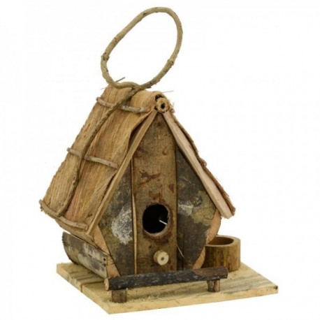 Wooden birdhouse with feeder