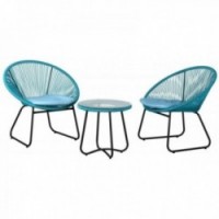 Tuinmeubels 3 stuks in blauwe synthetische rotan met 2 fauteuils en gehard glas salontafel