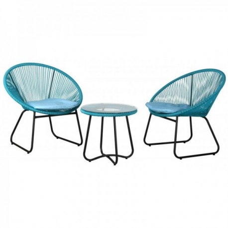 Garden furniture 3 pieces in blue synthetic rattan with 2 armchairs and coffee table in tempered glass