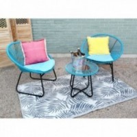 Muebles de jardín 3 piezas en ratán sintético azul con 2 sillones y mesa de centro de vidrio templado