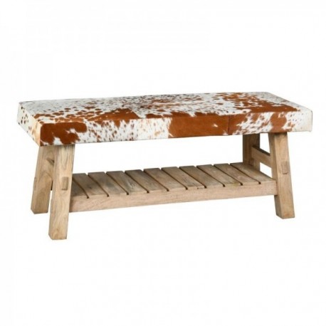 Bench with shelf in recycled wood and cowhide