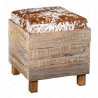 Square pouf box in recycled wood and cowhide