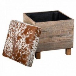 Square pouf box in recycled wood and cowhide