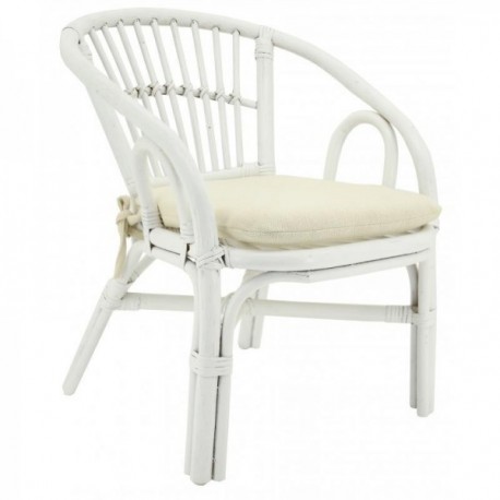 White lacquered rattan child armchair with seat cushion