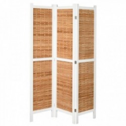 Scherm met 3 panelen van wit gebeitst hout en natuurlijk bamboe