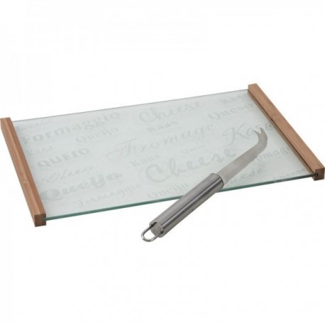 Glass and bamboo cheese board with knife