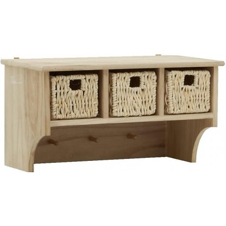 Wall shelf in natural wood with 3 rush baskets, 3 hooks
