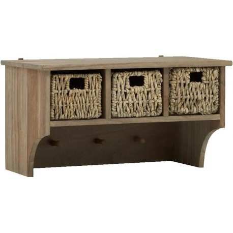 Sävytetty puinen seinän hylly, jossa on 3 koria kiire, 3 takki hinnat