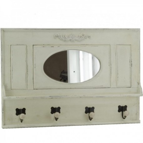 Antique white wooden wall hook 4 hooks, shelf, mirror - Boisnature'l