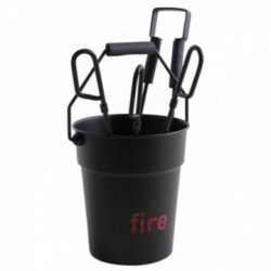 Bucket with 4 black metal fireplace accessories