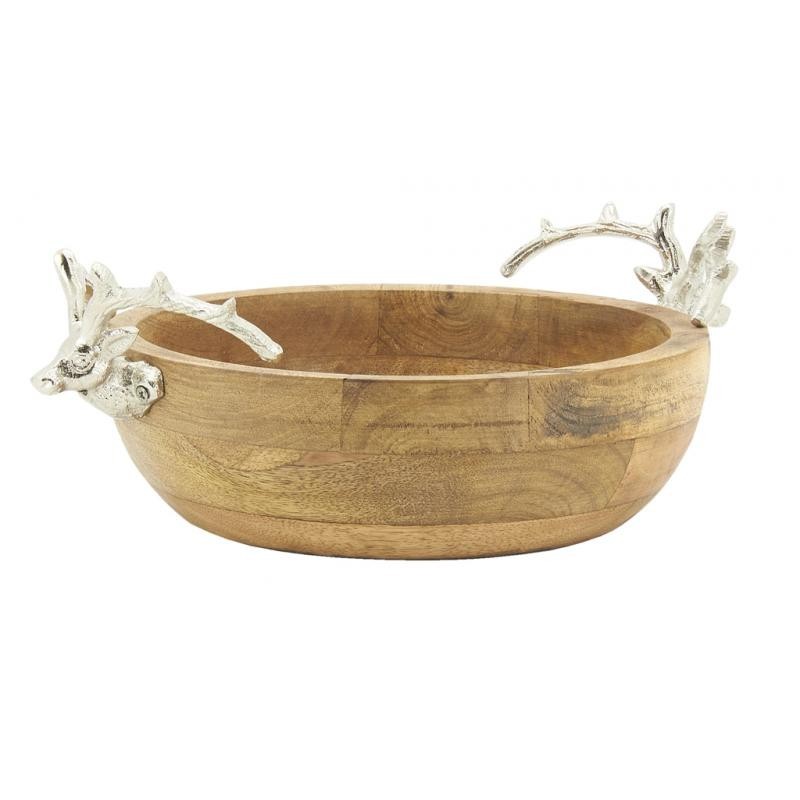 Corbeille En Manguier Avec Têtes De Cerf - Décoration Élégante 37x14x9 Cm